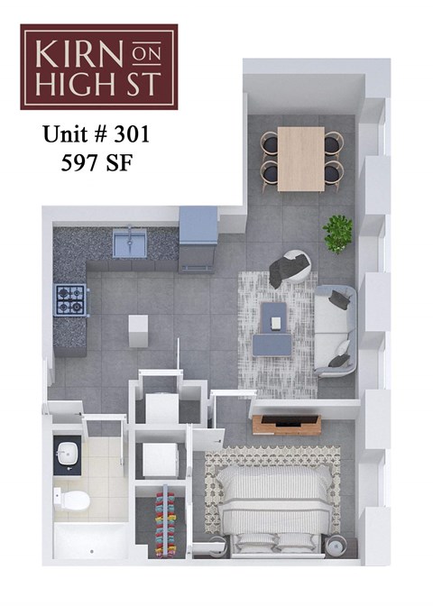 A floor plan of a one bedroom apartment at Kirn on High St.