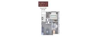 A floor plan of a one bedroom apartment at Kirn on High St.
