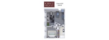 A Kirn on High St apartment floor plan for Unit # 303, 698 SF.