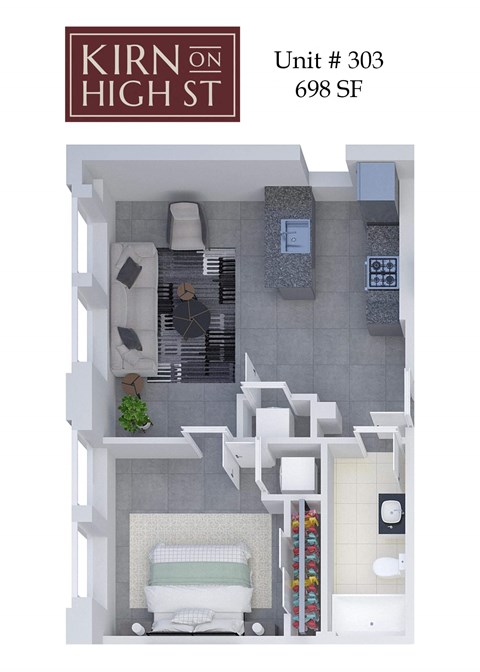 A Kirn on High St apartment floor plan for Unit # 303, 698 SF.