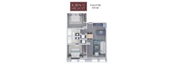 A floor plan of a Kirn on High St apartment, Unit # 306, shows a bedroom with a double bed, a bathroom with a shower, a kitchen area, and a living room with a sofa.