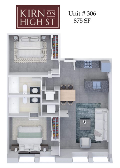 A floor plan of a Kirn on High St apartment, Unit # 306, shows a bedroom with a double bed, a bathroom with a shower, a kitchen area, and a living room with a sofa.