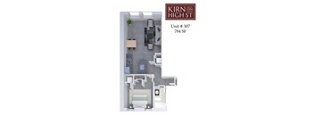 A floor plan of a one bedroom apartment at Kirn on High St.