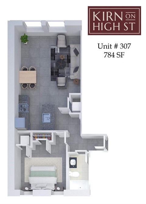 A floor plan of a one bedroom apartment at Kirn on High St.