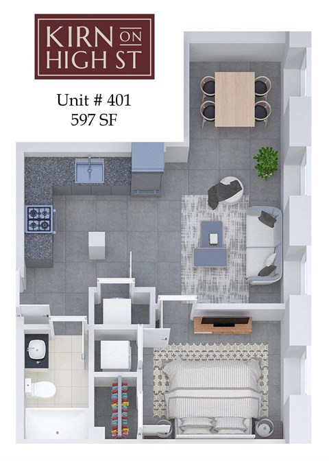 A floor plan of apartment 401 at KIRN on HIGH ST with 597 square feet.