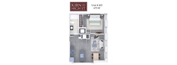 A floor plan of a one bedroom apartment at Kirn on High Street.