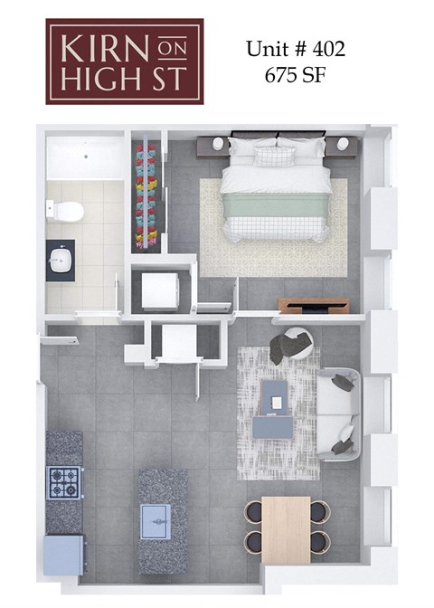 A floor plan of a one bedroom apartment at Kirn on High Street.