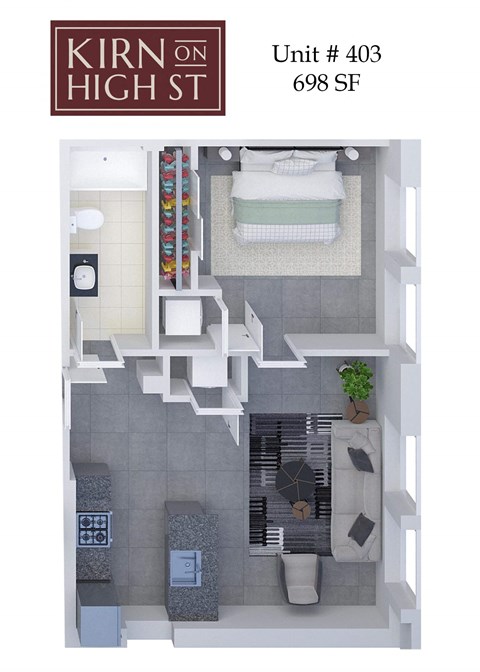 Kirn on high street apartment unit 403 is 698 square feet.
