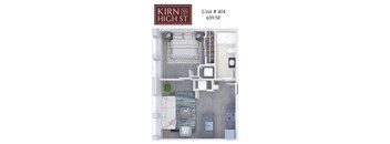 Kirn on high street floor plan of a 659 square foot apartment.