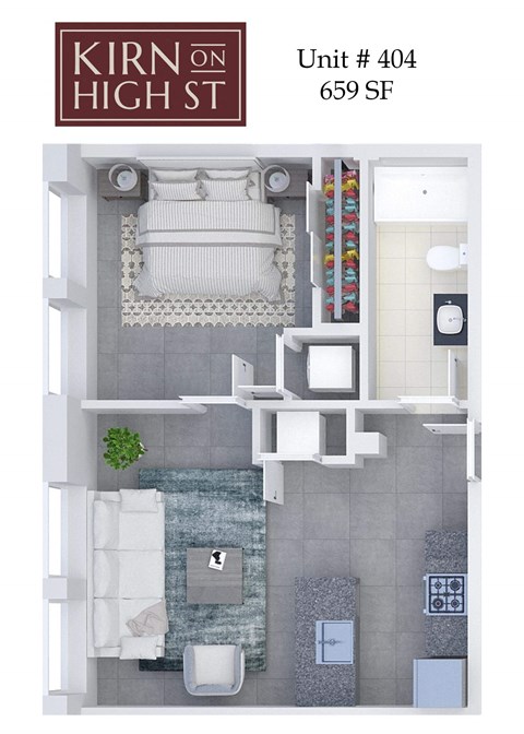 Kirn on high street floor plan of a 659 square foot apartment.