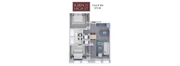 A floor plan of apartment unit 406 at Kirn on High St, which is 875 square feet.
