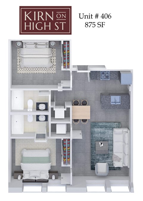 A floor plan of apartment unit 406 at Kirn on High St, which is 875 square feet.
