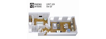 A 3D floor plan of a unit at Phoenix on Foushee.