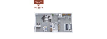 A floor plan of a unit at Chenman Lofts shows a living area, kitchen, and bathroom.