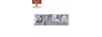 A 3D rendered image of a small apartment layout.