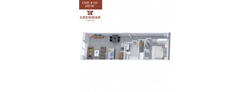 A 692 square foot unit at Chenman apartments includes a kitchen, bathroom, and living room.