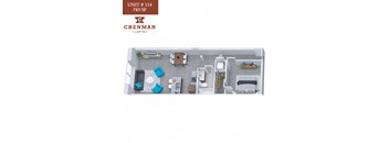 A 3D rendered image of a small apartment layout.