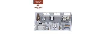 A 3D rendering of a small apartment layout.