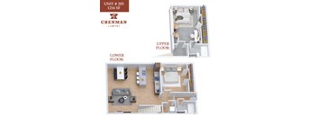 A floor plan of a Chenman LDFTs apartment, showing both the upper and lower floor layouts.
