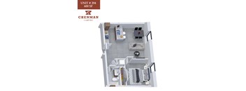 A 600 square foot studio apartment layout by Chenman.