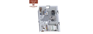 A 3D rendered image of a small apartment layout.