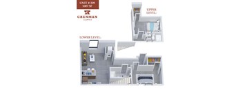 A Chenman LDFTs apartment floor plan shows a living room, kitchen, and bathroom on the lower level, and a bedroom with an upper level.