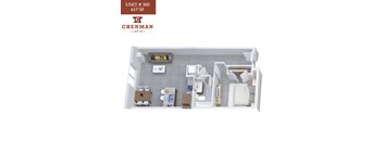 A 3D image of a small apartment layout.