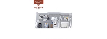 A floor plan of a one bedroom apartment with a kitchen and living room.