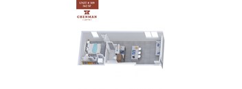 A 3D image of a small apartment layout.