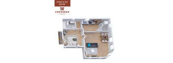 A 3D floor plan of a loft apartment with a living room, bedroom, and bathroom.