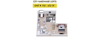 A floor plan of a City Hardware loft apartment.