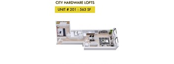 A 3D rendered image of a loft apartment layout.