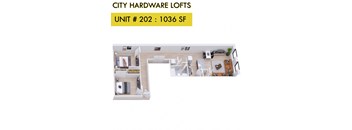 A 1036 square foot loft apartment is displayed.