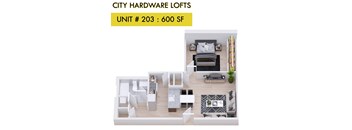 A floor plan of a loft apartment with a living room, kitchen, and bedroom.