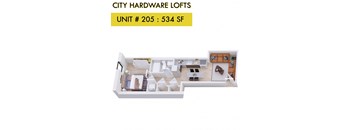 A floor plan of a City Hardware loft apartment.