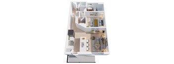 A 3D floor plan of a small apartment with a kitchen, living room, and bedroom.