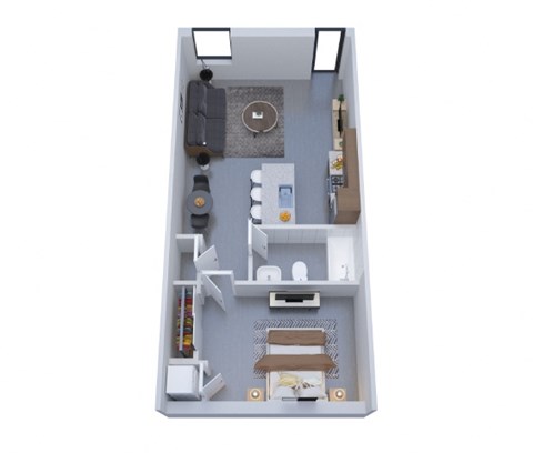 A top-down view of a small, neatly organized living space with a kitchenette, a dining area, and a bed.