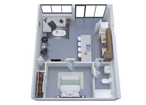 A top-down view of a small apartment with a kitchen, living room, and bathroom.