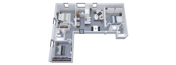 A 3D floor plan of a small apartment with a kitchen, living room, and bathroom.