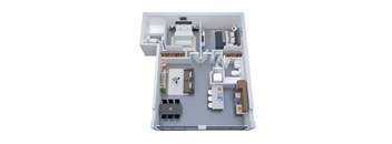A 3D floor plan of a small apartment with a kitchen, living room, and bedroom.