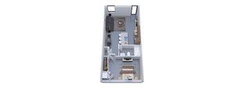 A top-down view of a small, neatly organized living space with a kitchenette, a dining area, and a bed.