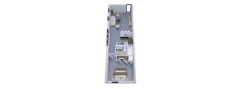 A top-down view of a small apartment with a kitchen, living room, and bathroom.