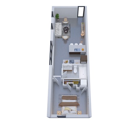 A top-down view of a small apartment with a kitchen, living room, and bathroom.