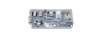 A 3D floor plan of a house with a kitchen, living room, and bathroom.