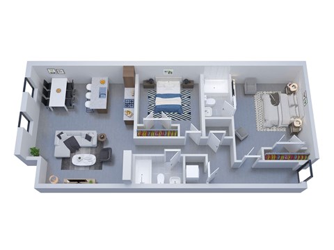 A 3D floor plan of a house with a kitchen, living room, and bathroom.