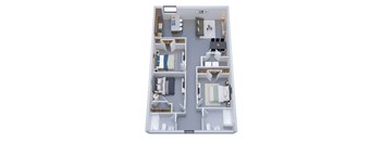 A floor plan of a small apartment with two bedrooms and a living area.