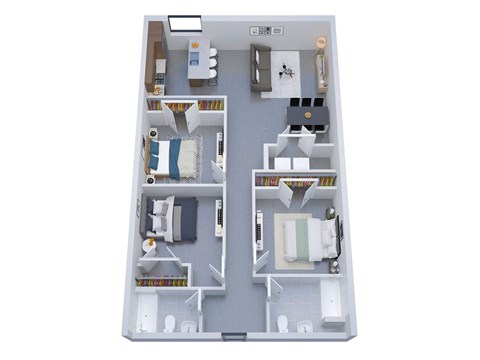 A floor plan of a small apartment with two bedrooms and a living area.