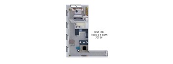 A diagram of a small apartment with one bed and one bath.