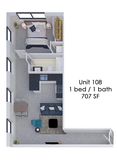 A diagram of a small apartment with one bed and one bath.