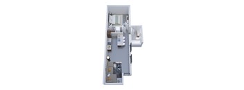 A 3D floor plan of a small apartment with a kitchen, living room, and bathroom.